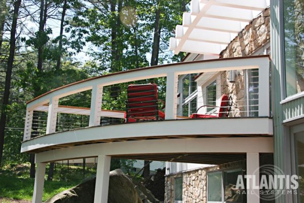 Cable railing on white deck.