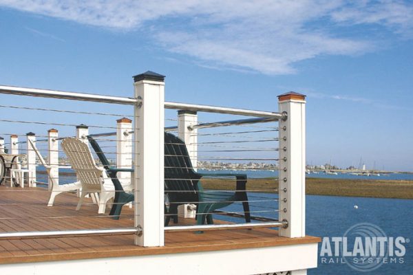 Single corner post style - Cable-Railing-on-Deck-with-Adirondack-Chairs.